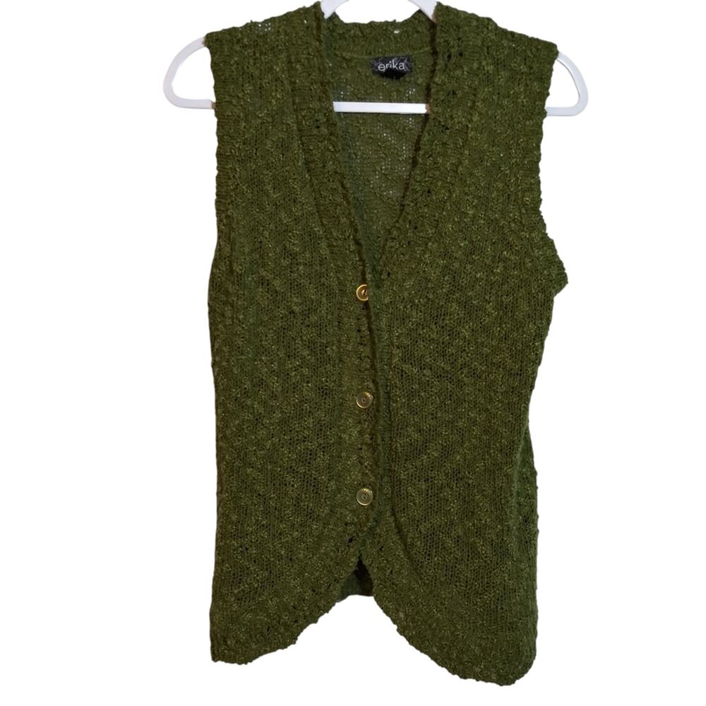 Erika Green Open Knit Button-Up Sweater Vest Forest Fairy Cottage Size PL